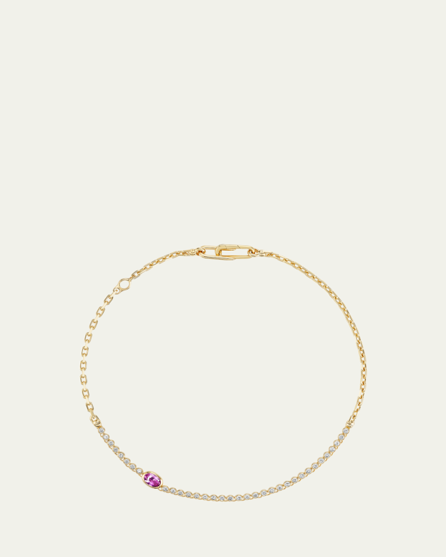 18K Yellow Gold Vessel Diamond Tennis Necklace with Oval Pink Sapphire